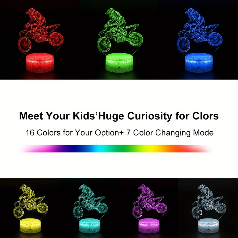 Motorbike 3D Night Light Optical Illusion Lamp with Touch Remote Control 7/16 Colors Changing Ambient Light for Home Decor Gift