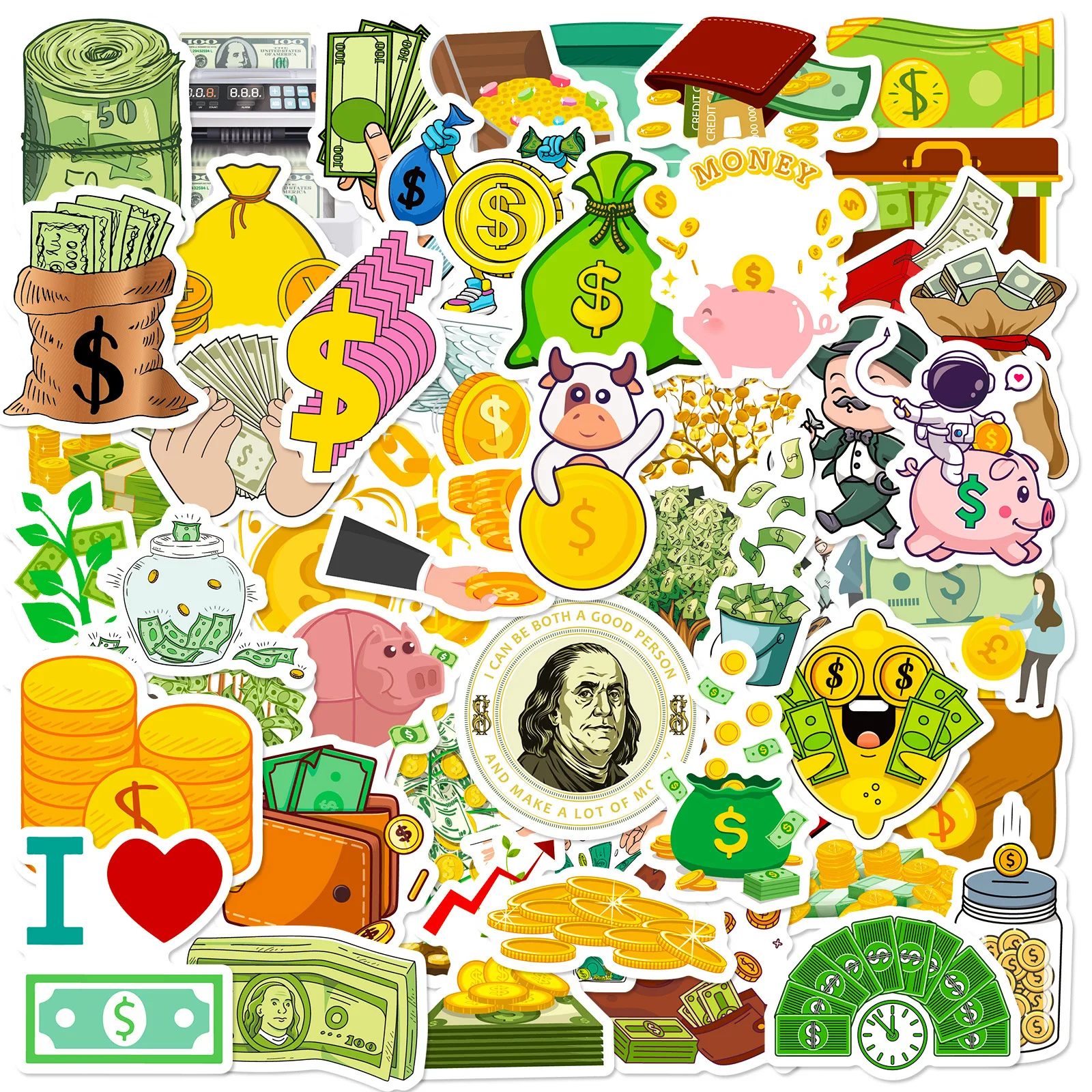 10/30/50PCS Suddenly Rich Cartoon Stickers Gold Coin Cash Graffiti Decal Skateboard Bike Motorcycle Travel Luggage Laptop Guitar