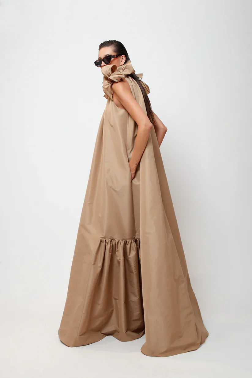 Gorgeous Silk Taffeta Caftan Maxi Dress Puff Sleeves Big Bow Khaki Evening Dresses Oversize فساتين للحفلات الراقصة Formal Gowns