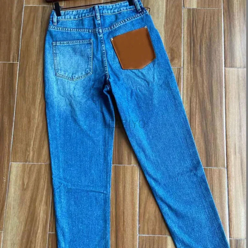 Fashion Casual Women's High Waist Jeans Leather Pockets Hollow Tapered Washed Blue Cotton Pants