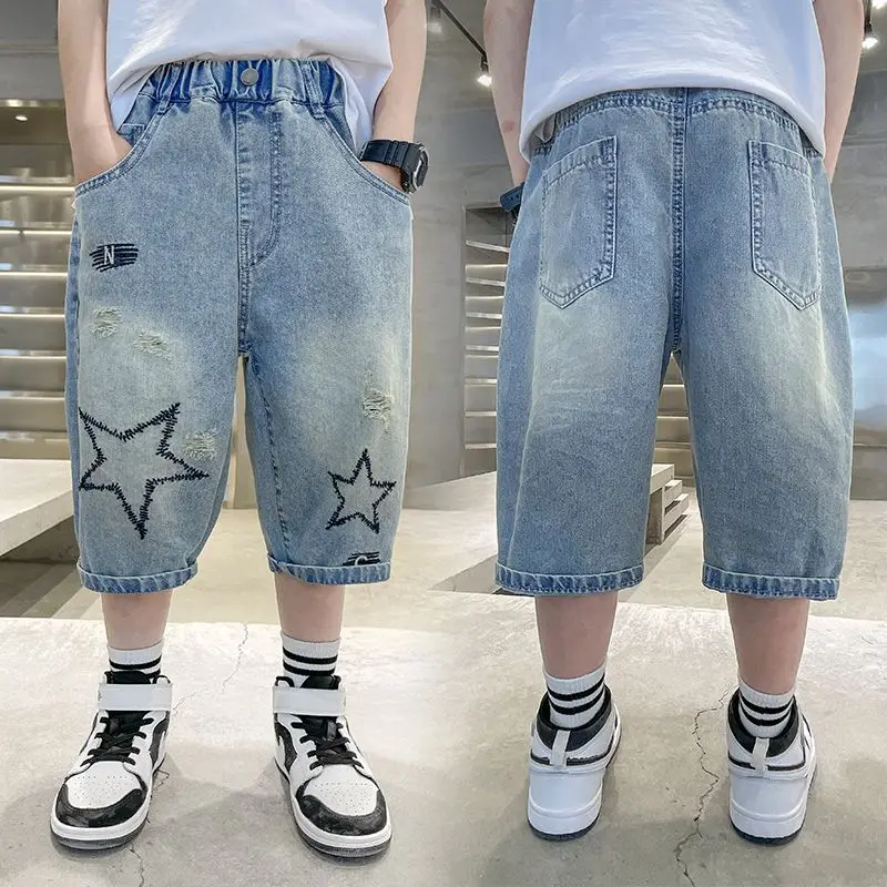 New Casual Boy Denim Shorts With Star 2025 Summer Cotton Kids Loose Style Sport Calf Pants Teenage Child Summer Shorts Capris