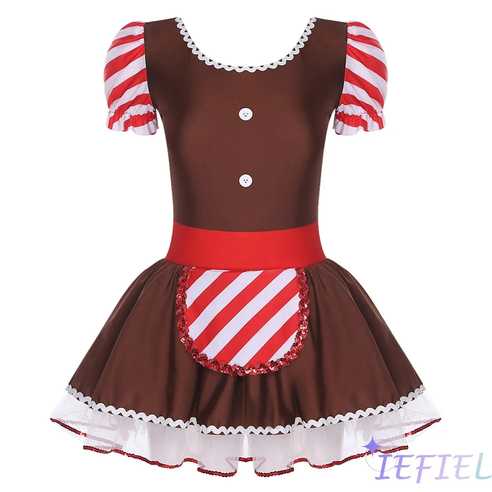 

Womens Gingerbread Man Christmas Dress Puffy Short Sleeve Wave Braided Tape Trim Xmas Cosplay Dress for Holiday Parties Events