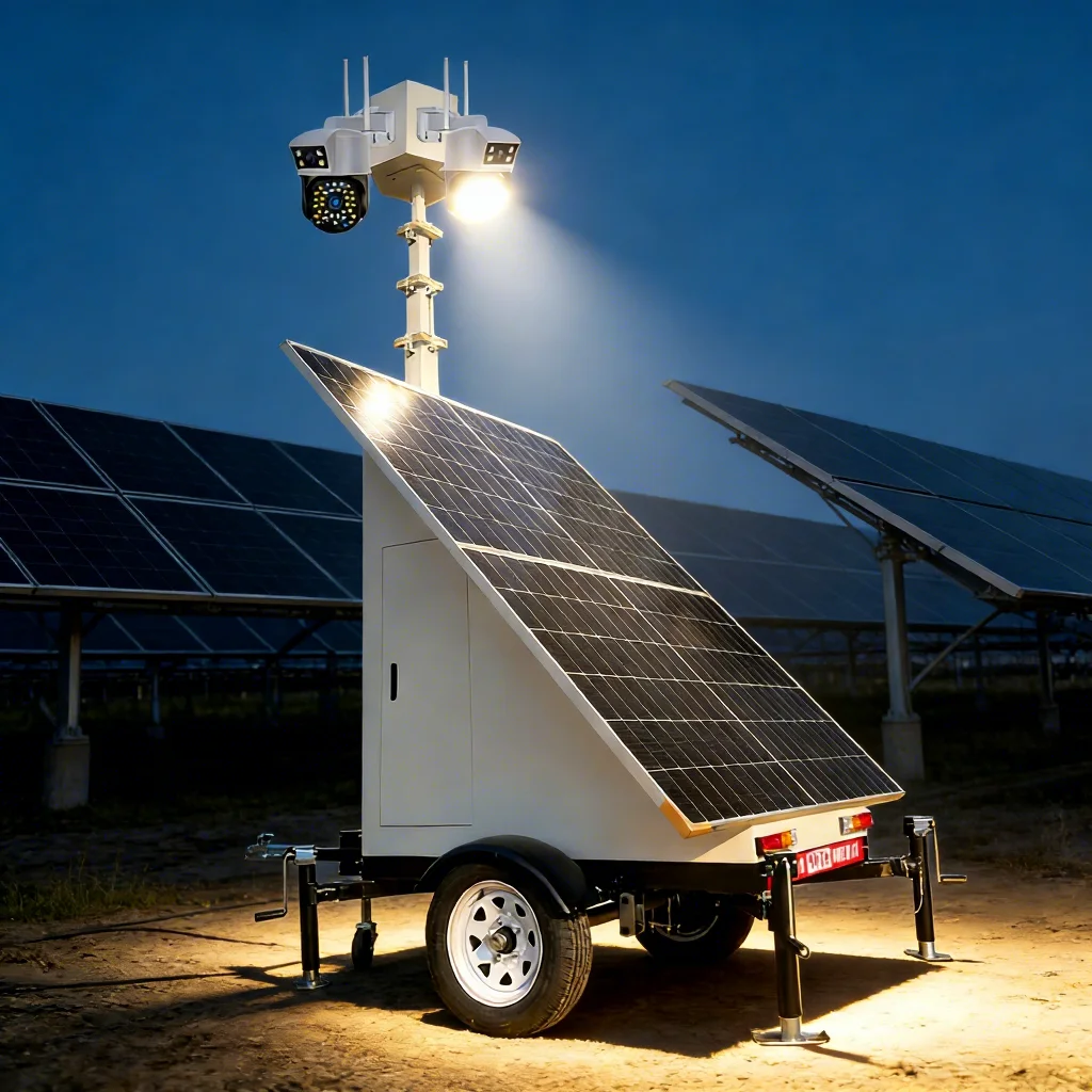 4x150W Solar CCTV Light Tower, PTZ Camera Monitoring System Off Grid Solar Generator for Warehouse Construction