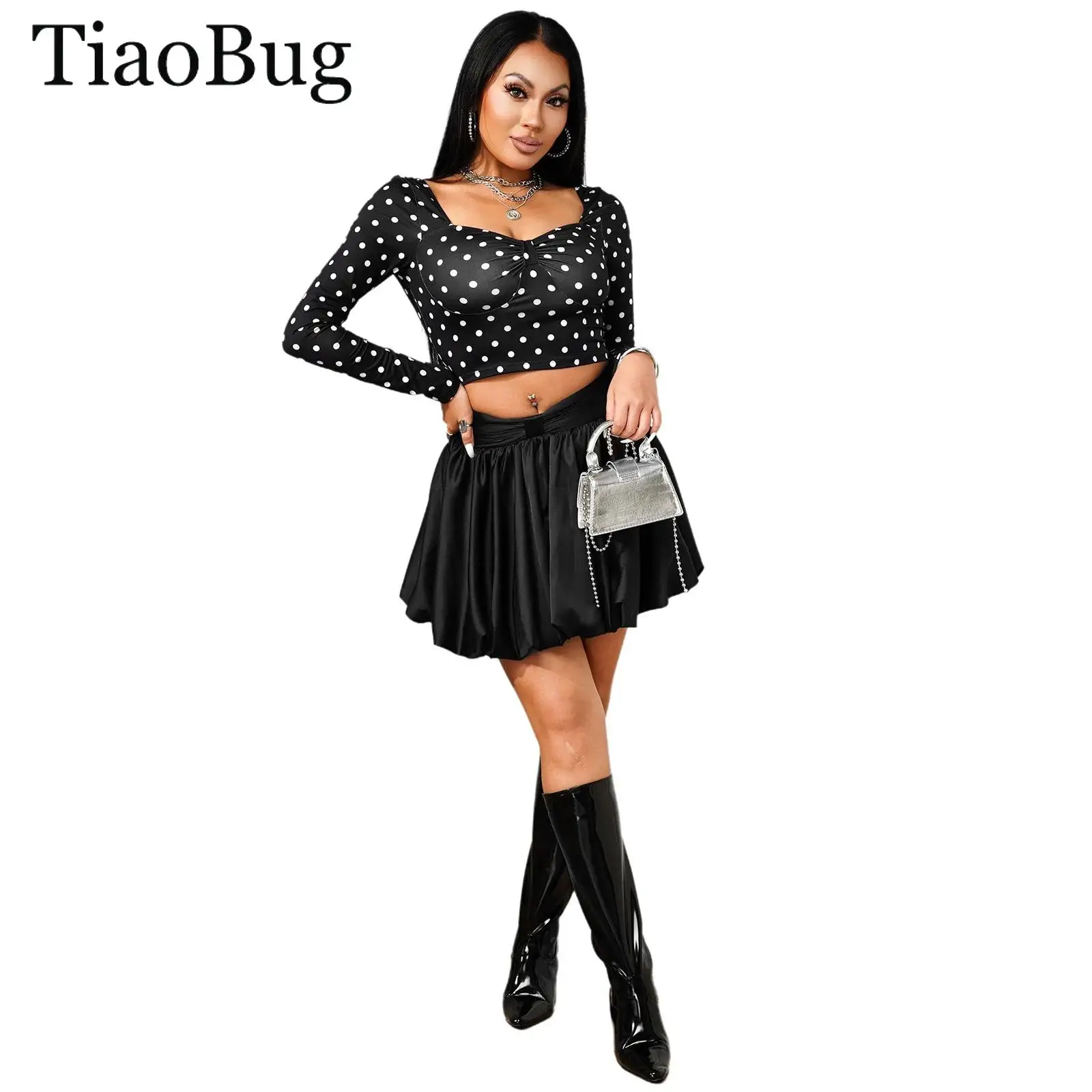 Women Elegant Long Sleeve Polka Dot Tops with Zipper Mini Skirt Lady Two-piece Casual Set for Daily Vacation Outings Club Wear