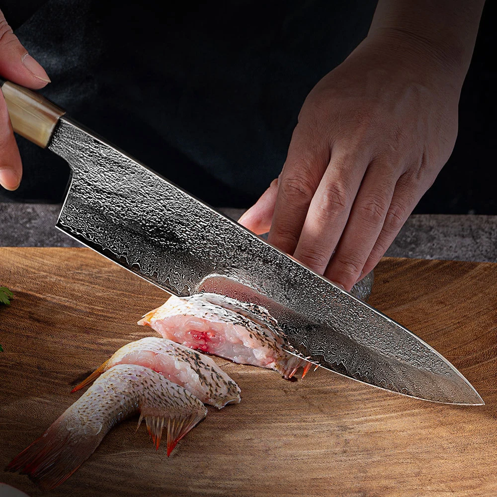 8.3 Inch Gyuto Damascus Steel VG10 Blade Chef Cleaver Slicing Handmade Forged Japanese Kitchen Knives Ox Horn & Wood Handle