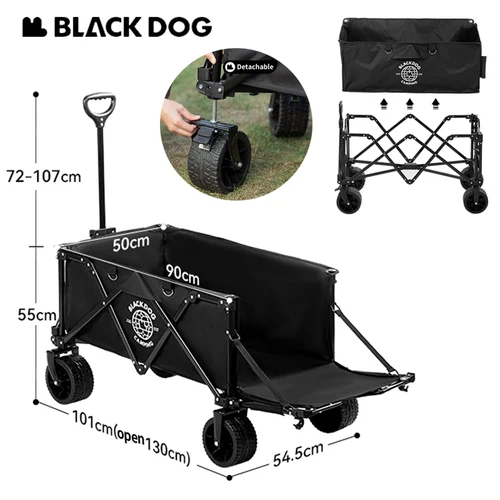 Naturehike BLACKDOG 접이식 접이식 카트(브레이크 휠 포함) 분리형 대용량 유틸리티 왜건 야외 캠핑 트롤리