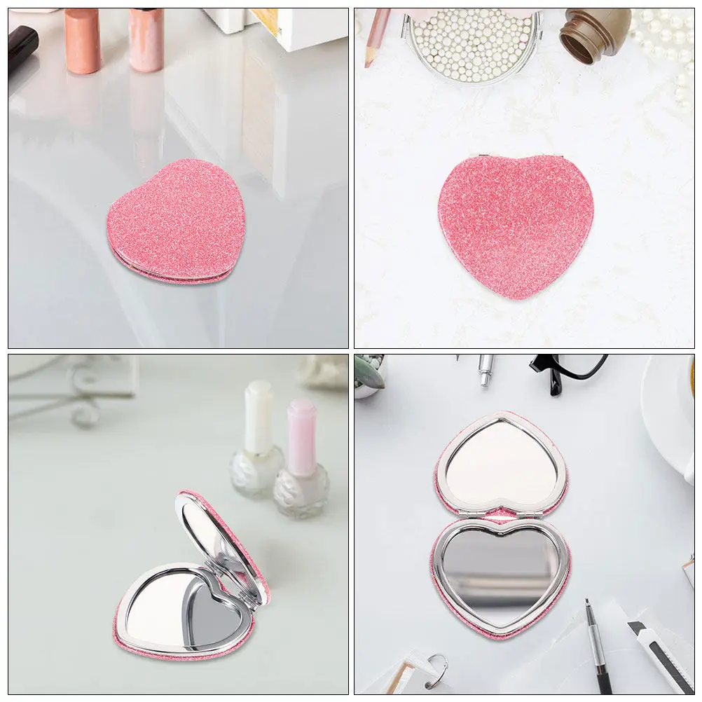Portable Pink Mini Heart Compact Mirror Small Folding Makeup Mirror for Women Cute Pocket Purse Travel Essential
