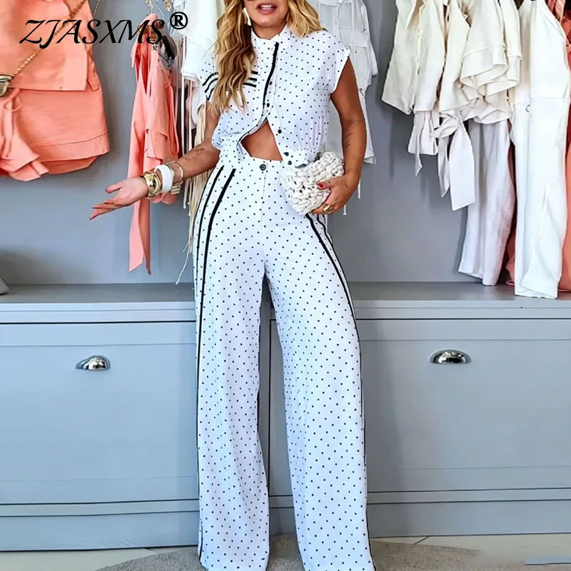 Women 2 Piece Polka Dot Outfit Stand Collar Sleeveless Button Blouse Top & High Waist Pants Suit New Fashion Casual Holiday Sets