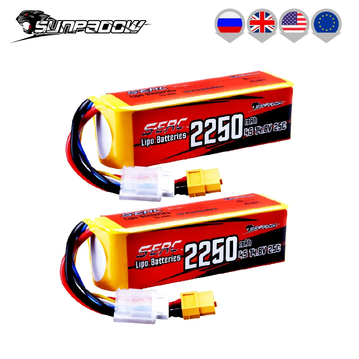 2Packs Sunpadow 14.8V 4S RC Lipo Battery 25C 2250mAh with XT60 Plug for RC Airplane Quadcopter Helicopter Drone FPV Racing Hobby