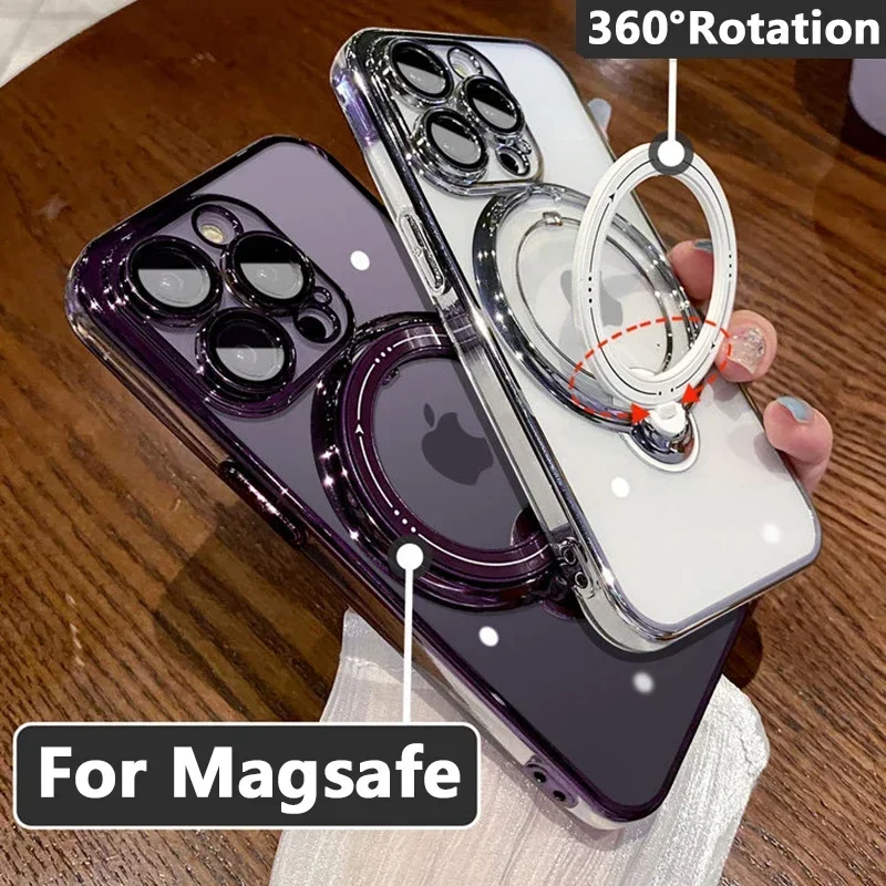 Transparent Luxury Standing Holder Phone Case For iPhone 15 14 13 12 11 Pro Max Plus XR XS Max X For Magsafe Ring Cases Cover