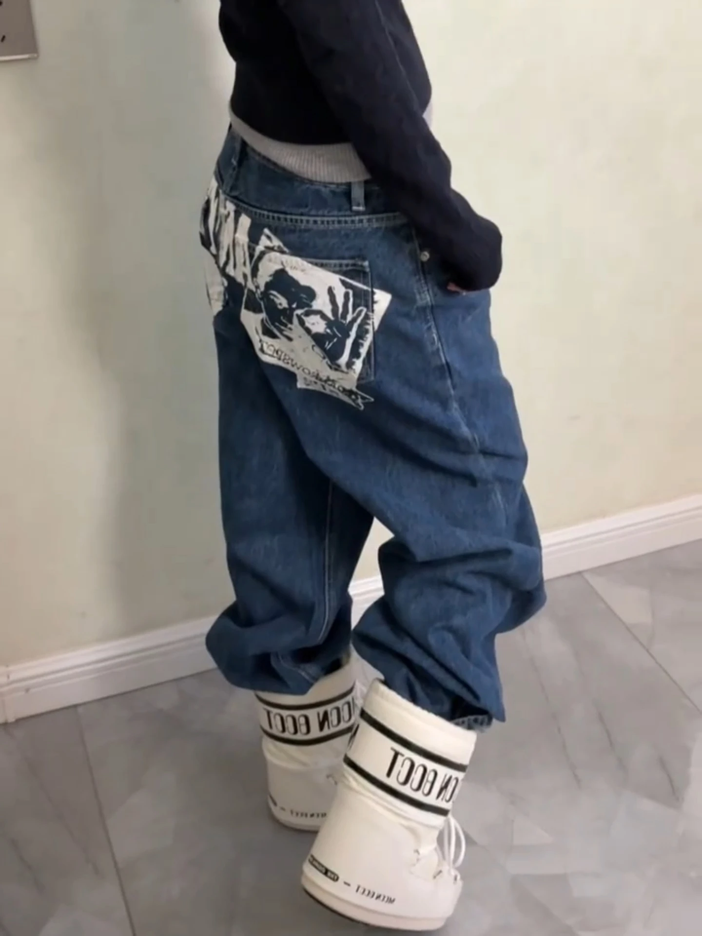 

American Vibe Large Size Design Letter Print Jeans Street Style High Waist Loose Straight Leg Long Pants for Men And Women