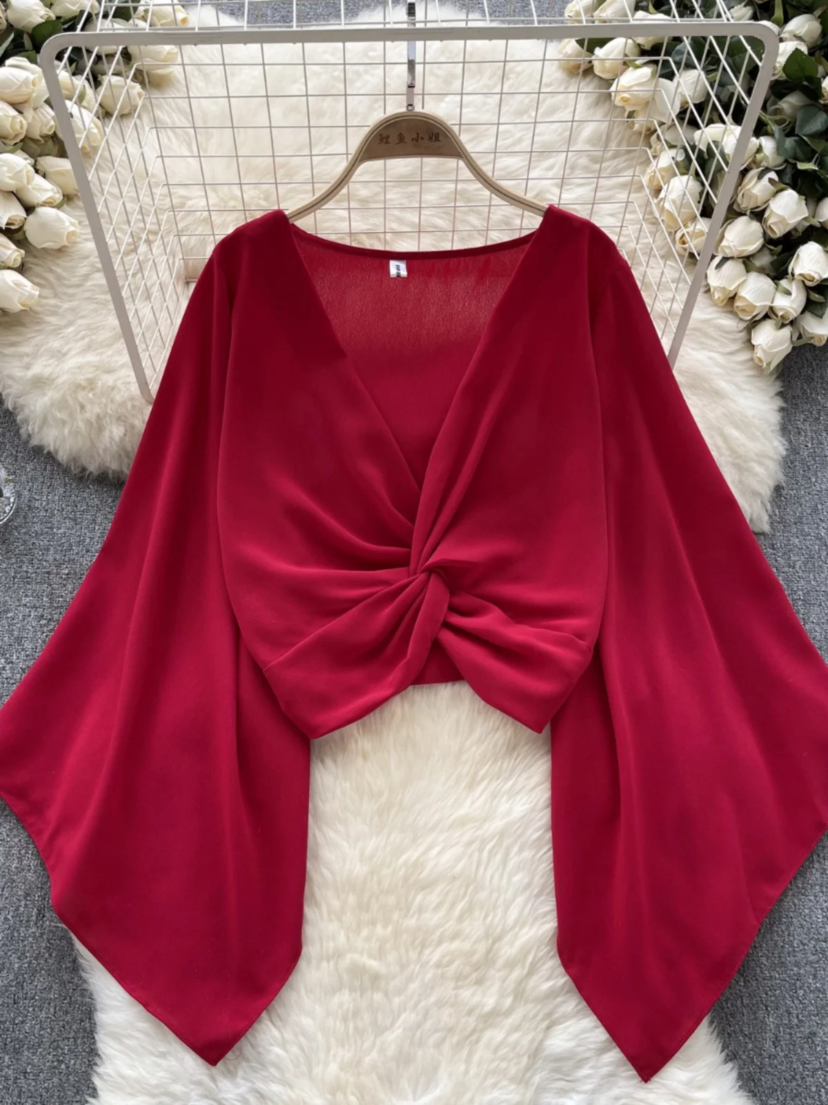 Csa de Gasa de Manga Larga con Cuello en V y Lazada para Mujer, Estilo Coreano, Hoada, para Otoño 2023