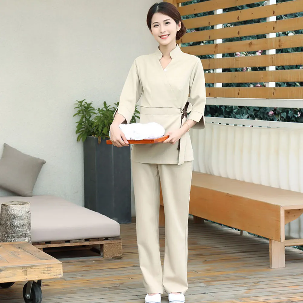 1 Zestaw Ubrań Kosmetycznej Dwuczęściowy Bawełniany Beżowy Strój Roboczy Dekolt V Oddychający Wygodny Letni