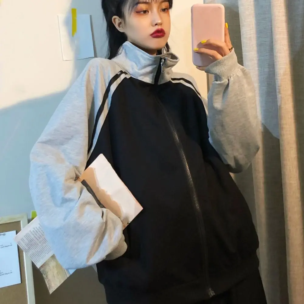 Lapel Collar Long Sleeved Hooded Loose Y2k Sweet Sweatshirts for Women Retro Clothing Baseball Jersey Top Spring Autumn