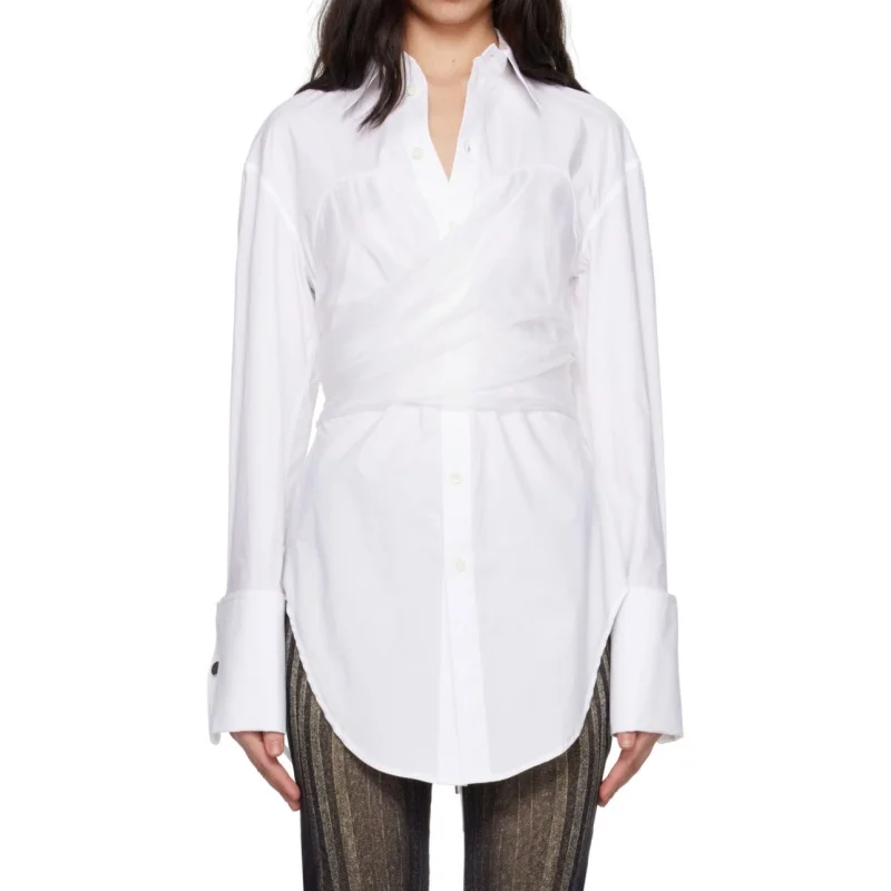 

AutumnNew women's collar high waisted organzaCotton back zipper long sleeved shirt y2k high-quality fashionable mid length shirt