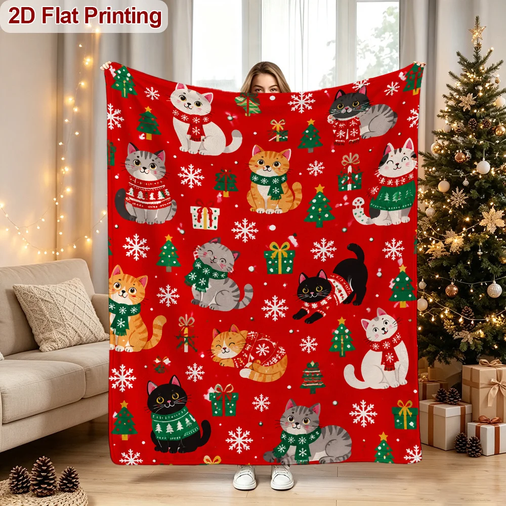 Holiday Xmas Cat Throw Blanket Christmas Tree Gift Snowflake Red Base Soft Flannel for Party Camping Sofa Lap Holiday Home Decor