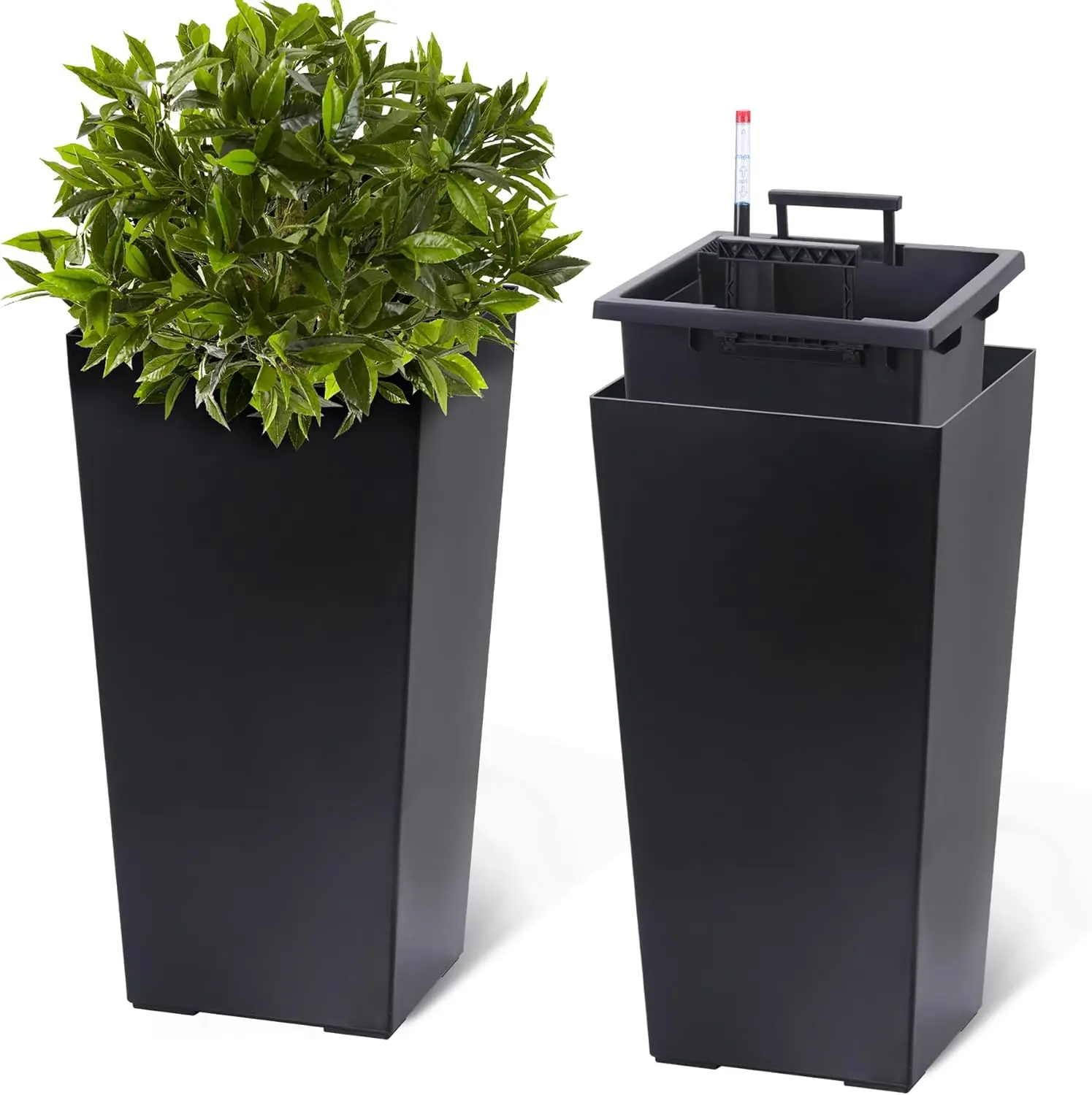 

2 PCS 22.4 Inch Tall Planter Indoor ＆ Outdoor Black Taper Planter with Shelf Insert Self-Absorbing Plastic Flower Pots