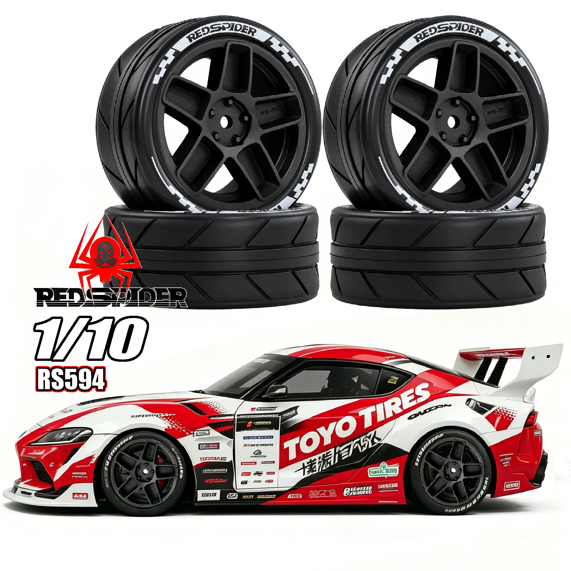 RED SPIDER 4Pcs 1/10 RC Drift Tires & Wheel Rims Hub Set For HSP Tamiya HPI Kyosho Sakura 94122 94123 D3 D4 TT02