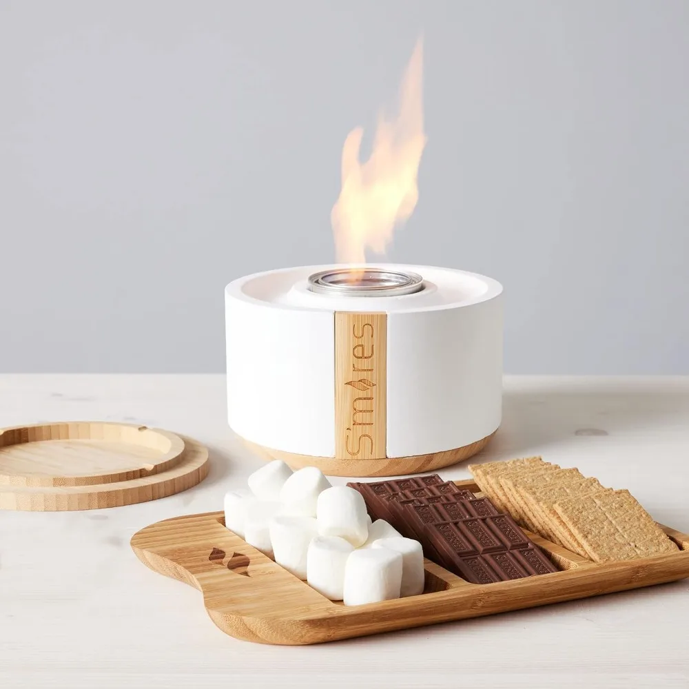 Portable Indoor and Outdoor Smoke Free Clean Burning Gel Fuel S'mores Roaster Tabletop Gift Set withTray - White