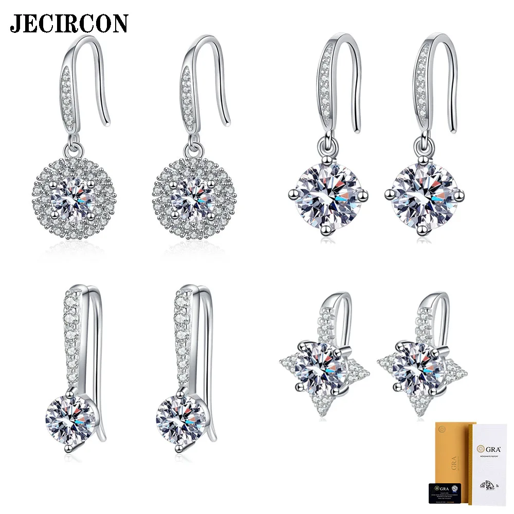 

JECIRCON All-over S925 Sterling Silver Earrings Light Luxury Earhook Sparkling 1 Carat Moissanite Ear Pendants Versatile Jewelry