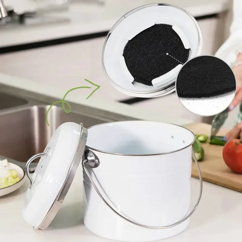 Kitchen Compost Bin 5L Organic Melons Leaves Home Made Trash Can Round Iron Charcoal Filter Bucket Outdoor Accessories