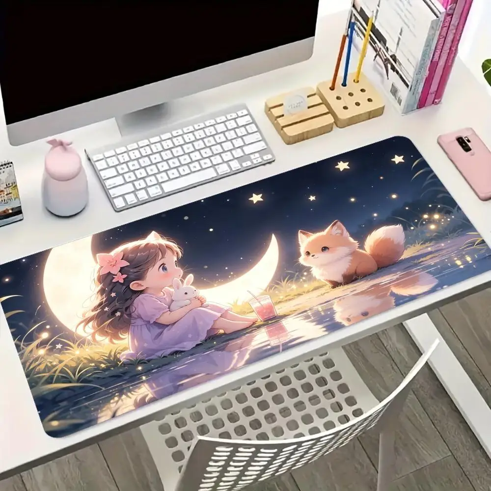 Cute Girl Kitten Extended Gaming MousePad Non‑Slip Desk Surface Starry Night Kawaii Cartoon Cat Dreamy Art Print For Game Lovers