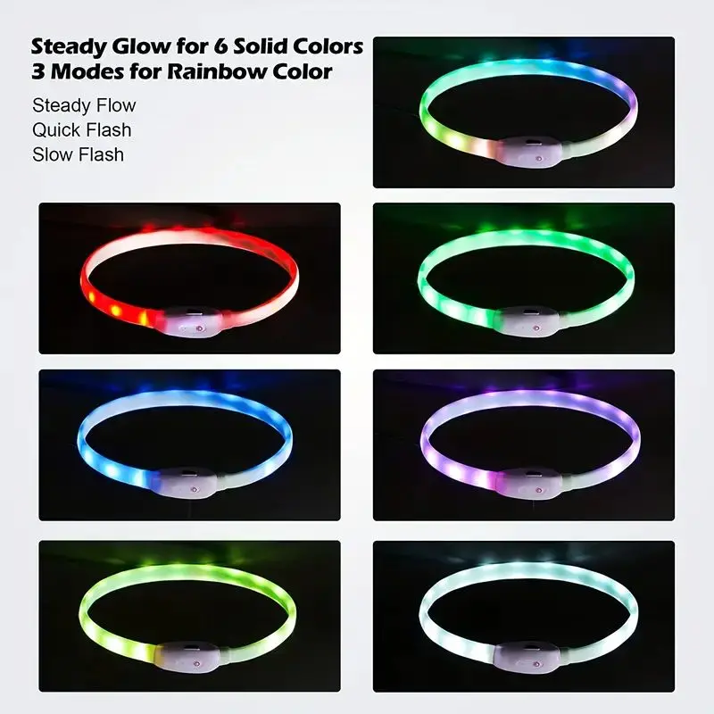 Multi-Color USB Rechargeable LED Dog Collar, TPU Cuttable Size Glow Collar For Dogs Walking At Night, 6 Solid Colors Steady Glow