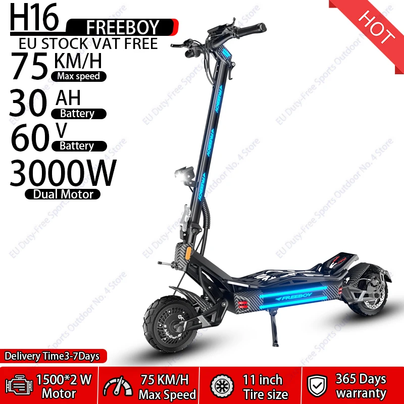 FREEBOY H16 Elektroroller 3000 Dualmotor 60V30h Lithiumbatterie Hydraulische Bremse Höchstgeschwindigkeit 75km/h Offroad E-Scooter 11-Zoll All-Terrain-Reifen Vollfederung Outdoor/Stadt-Pendler