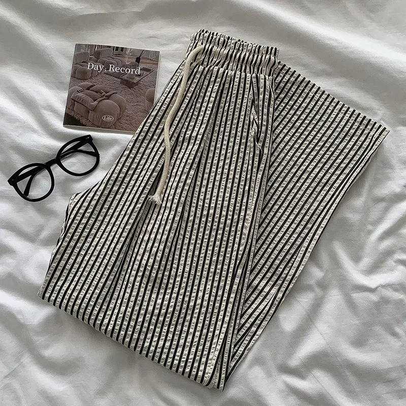 2025 Summer Korean Fashion Striped Casual Pants for Women's Commuting High Waist Elastic Thin Straight Pants Autumn