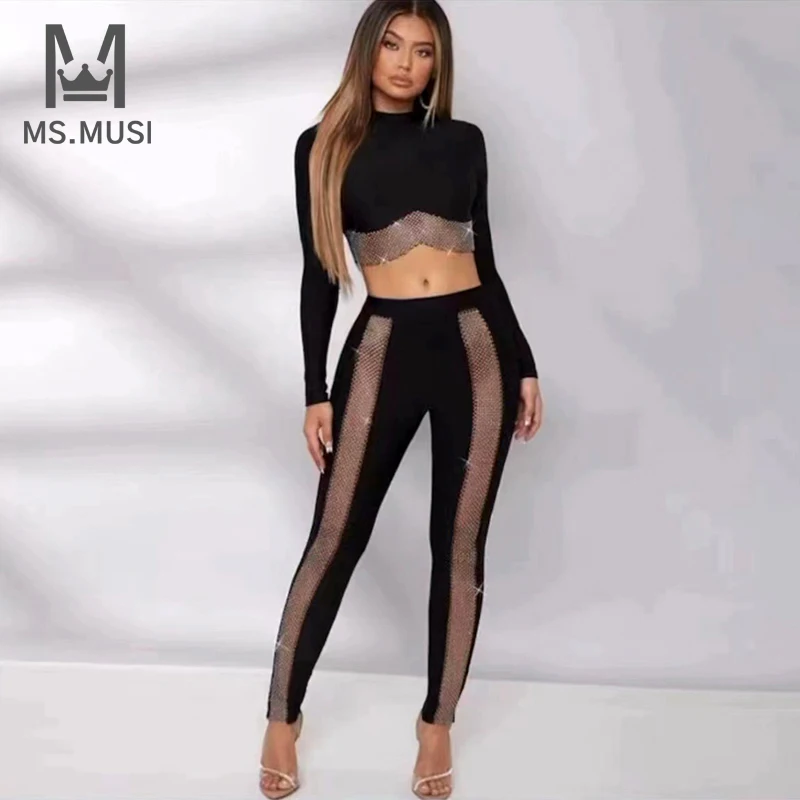 

MSMUSI 2023 New Fashion Women Sexy Crystal Hollow Out Bandage Two Piece Set Bodycon Party Long Sleeve Top Pancil Pant Set Suit