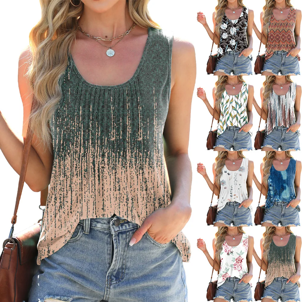

Summer Women's T-shirt Sleeveless O-neck Fashion Printed Pleated Tie Dye Elastic Comfortable Pullover Loose Vest