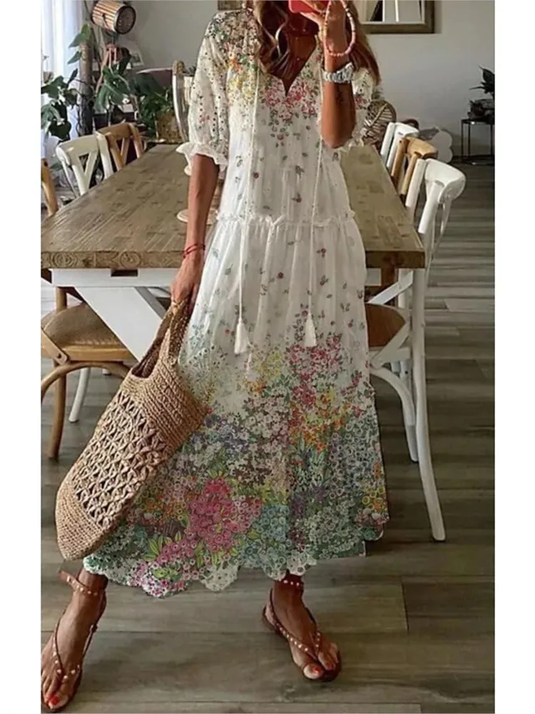Women\'s 2024 Spring Summer New Casual Sweet Loose Sexy V-neck Fashion Printed Hanging Beard Middle Sleeve Long Dress