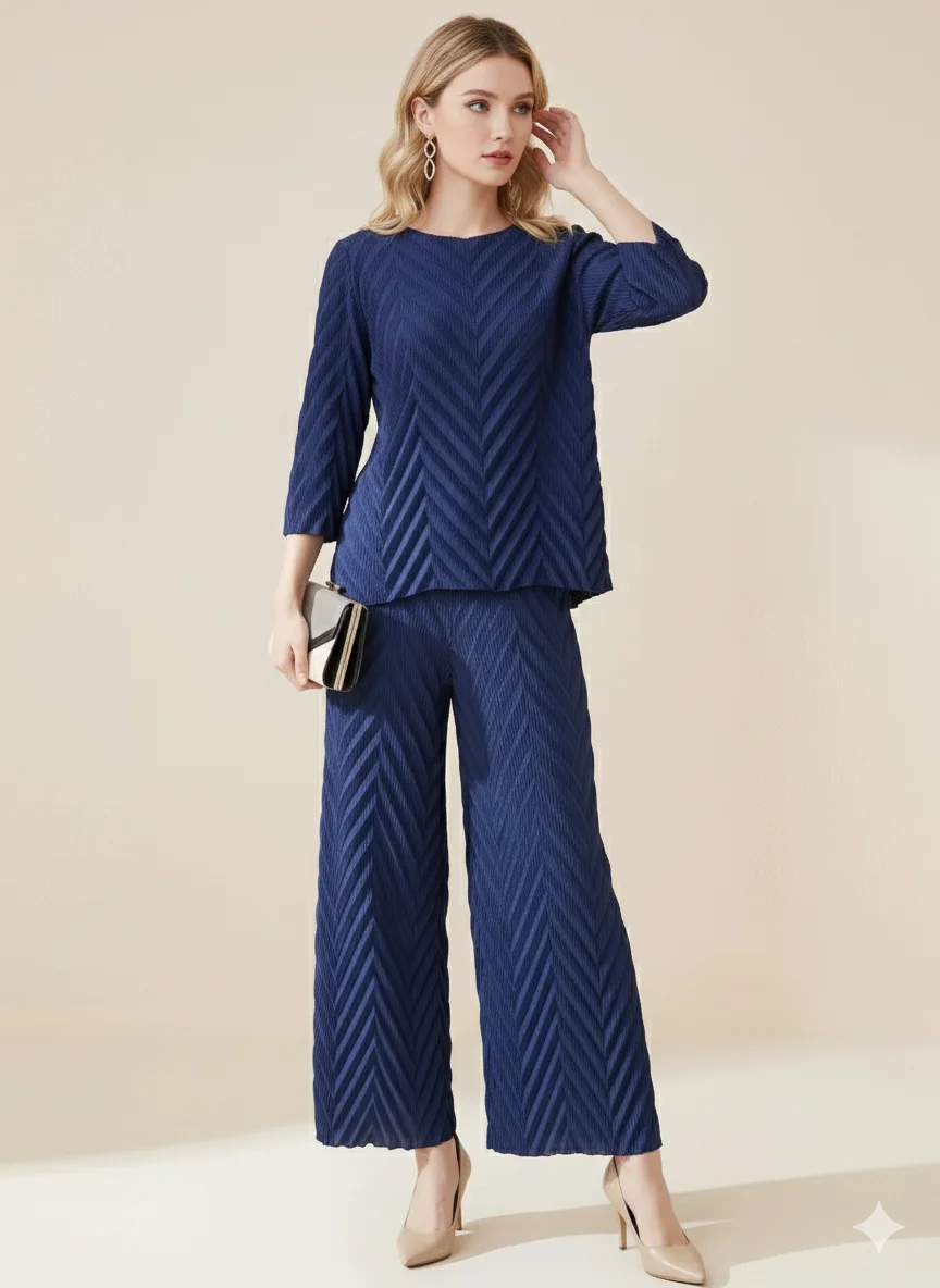 

Miyake Fold 2026 Новый комплект женской моды Повседневный складной топ с длинными рукавами и круглым вырезом Широкие брюки Модный комплект из двух предметов Весна