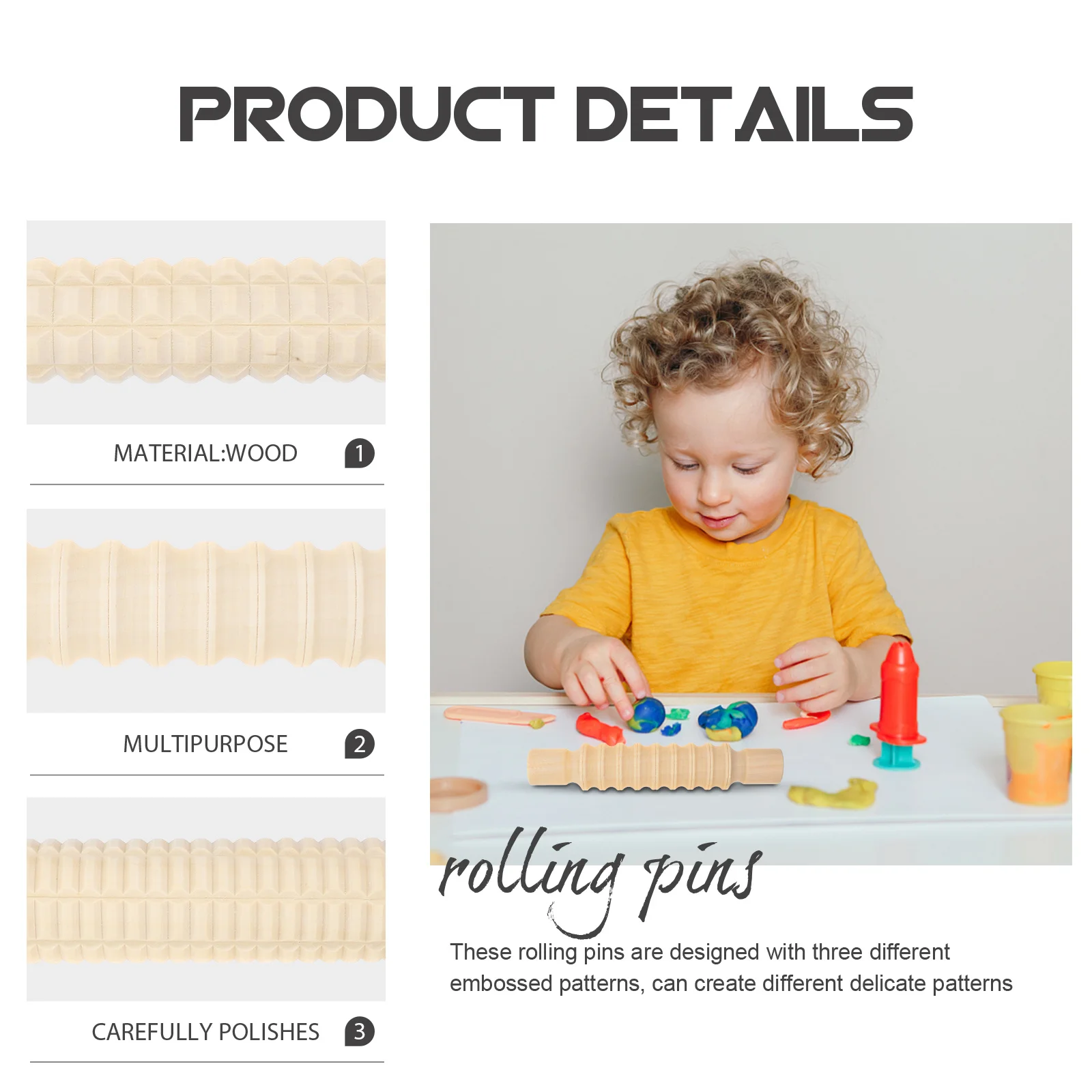 

3Pcs Wooden Rolling Pin Kids Clay Craft Tool DIY Dough Roller Pizza Dumpling Patterned Baking Supply Rolling Pin