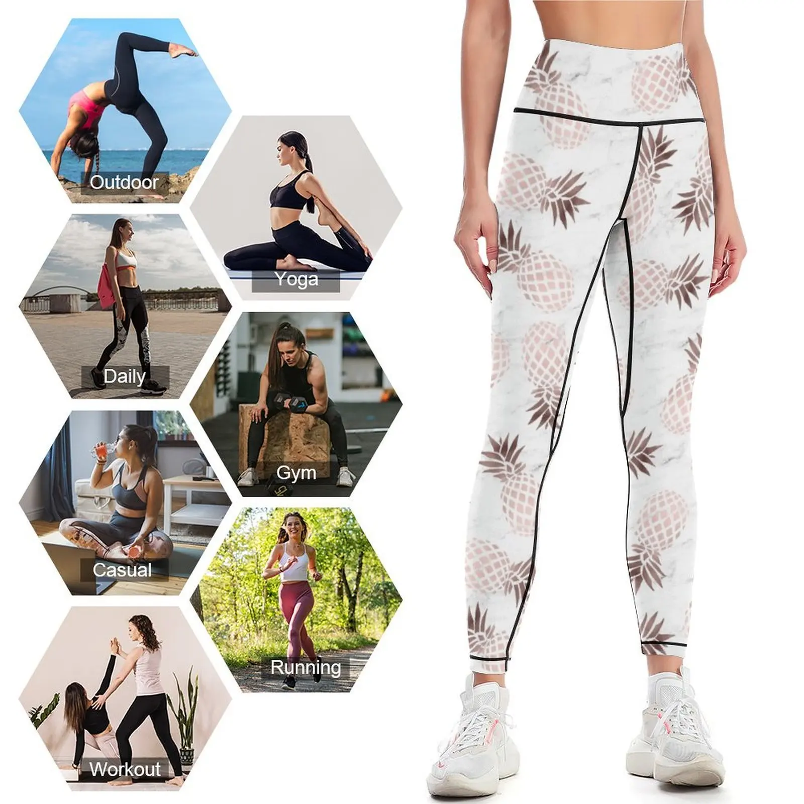 Elegante weiße Marmor Roségold Ananas Leggings Sport hemden Fitness studio Damen hose für Fitness Sportswear Gym Damen Leggings