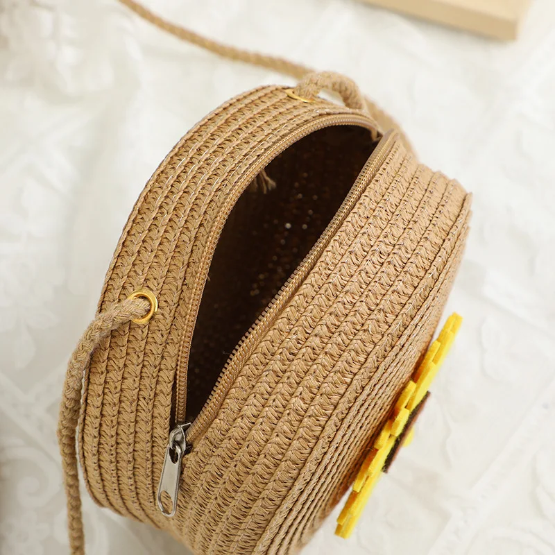 Summer Sunflower Decor Round Crossbody Shoulder Bag Women Woven Beach Bag Ladies Rattan Handmade Knitted Straw Purse And Handbag