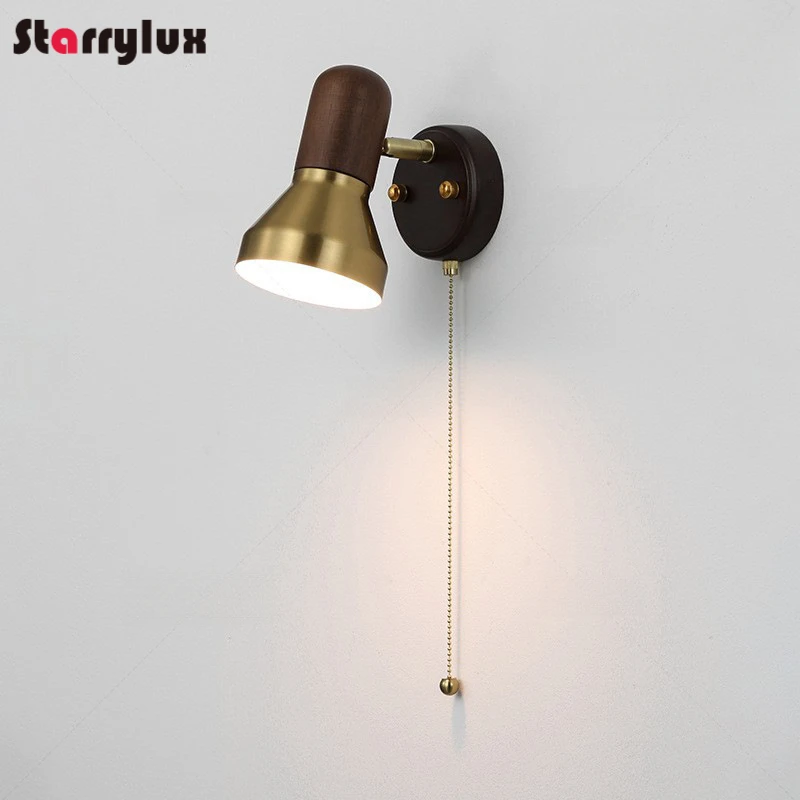 

Mid Century Solid Wood Wall Sconce Bedside Lamp with Pull Cord Switch Japanese Retro Room Light