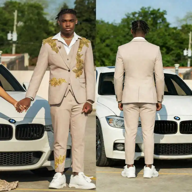 

Fashion Men Suits 2 Piece One Button Notched Lapel Pant Sets Beaded Appliques Classic Fit Prom Male Party Customized