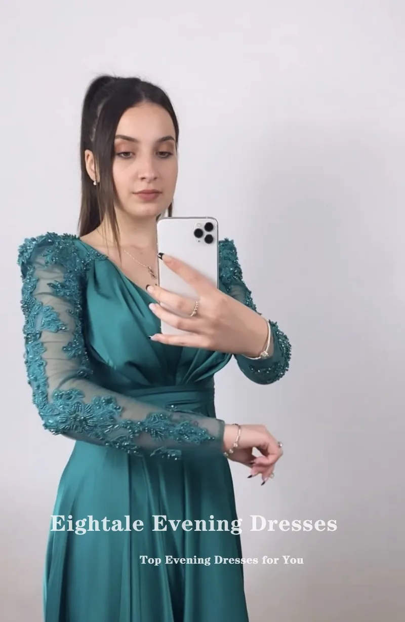 Eightale árabe vestidos de baile para casamento cetim com contas de mangas compridas vestidos de noite vestido de festa verde robes de soirée