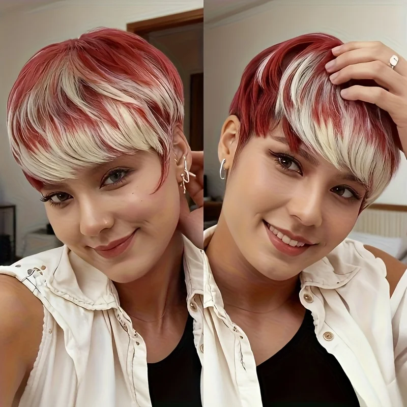 

﻿ Короткий парик с стрижкой пикси с бордовыми и светлыми бликами (99j/613) Прямые волосы с розовой сеткой для мгновенного объема Парик для повседневного ношения