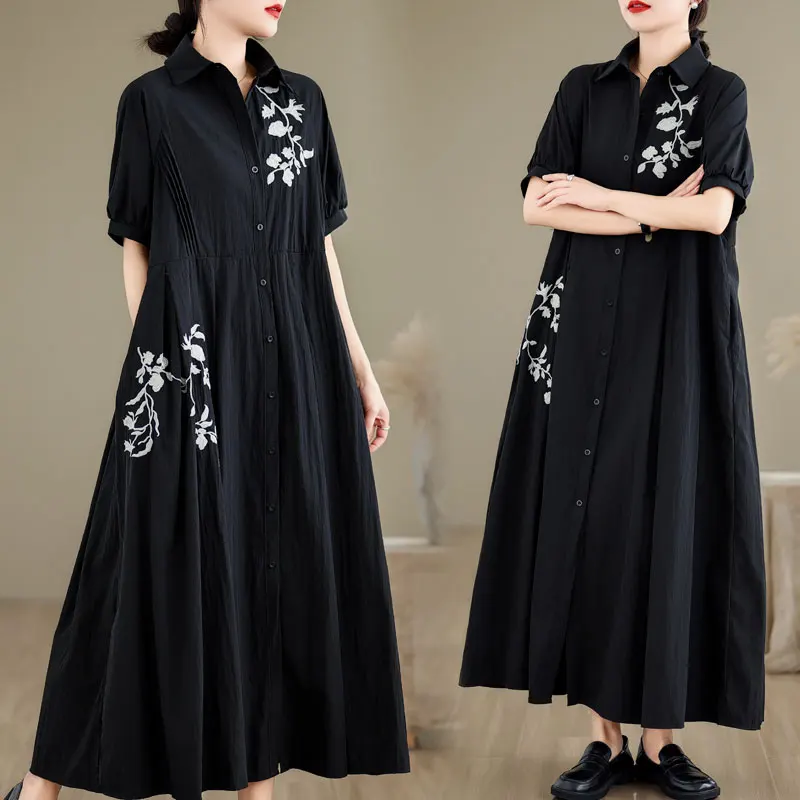 

Embroidered ort Sve Dr Women's Button Summer New High Waist Slim Cotton Linen A-Line Long Skirt irt Dr