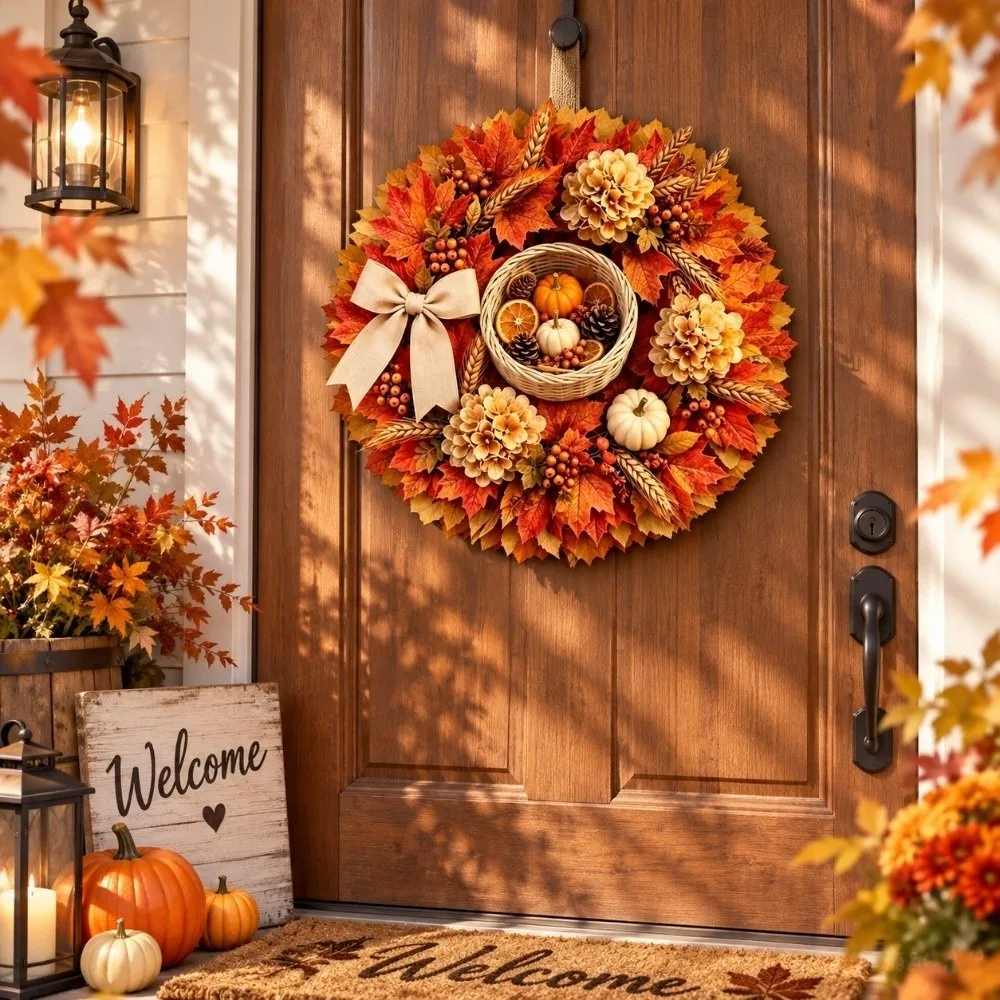 Wooden Harvest Festival Sign 2D Flat Print Rustic Fall Halloween Decorative Sign Scarecrow Wreath Maple Leaf