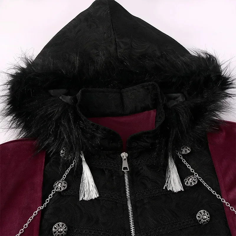 เสื้อคลุมมีฮู้ดแบบซิป แต่งปกขนยาว สไตล์นีโอ-มีเดียเวลล์ พังก์ สตีม