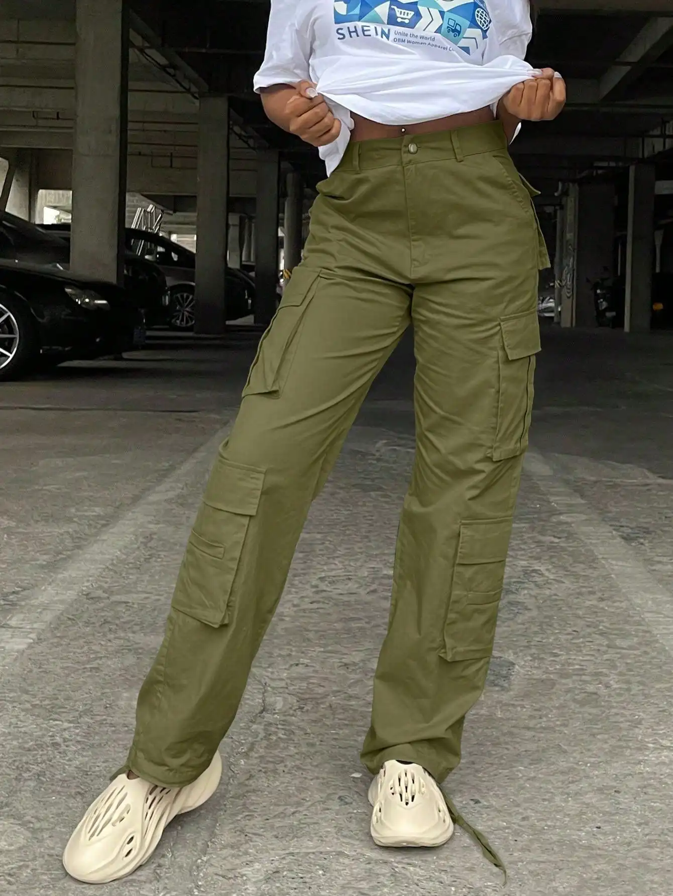 

Christmas Gift Women's High-Waisted Solid Color Side Cargo Pants - Baggy Y2K Straight/Wide Leg, Pockets for Casual Streetwear