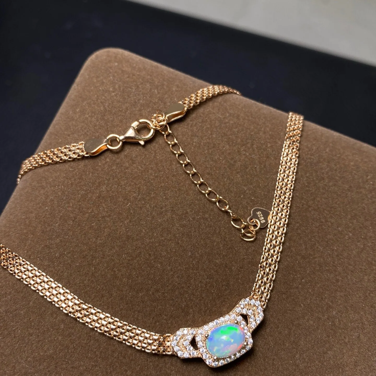 S925 Sterling Silver Rose Gold Plated Multi Wide Chain Necklace Natural Opal 6*8mm Oval Stone Surrounded Crystal Daily Jewelry