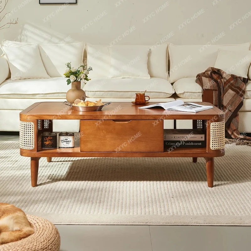 A Chinese Style Rattan Drawer Coffee Table Living Room Practical Simple Ash Combination Furniture Walnut Color