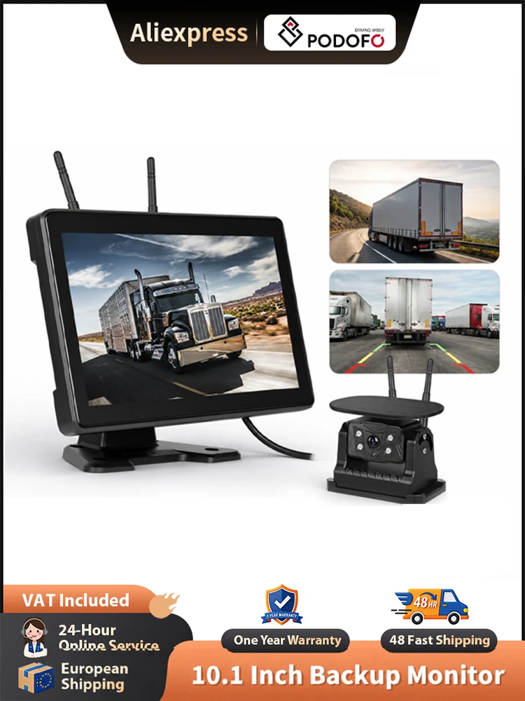 Podofo 10,1 Zoll IPS HD Display Auto-Rückfahrmonitor IP68 Wasserdichte Rückfahrkamera mit Aufnahmefunktion Drahtloses Rückfahrkamera-Kit für 12V/24V LKW Bus Auto Fahrzeug Wohnmobil