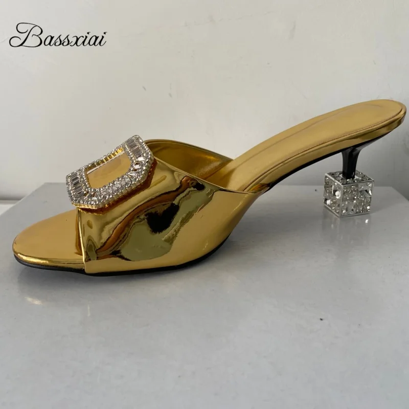 

Crystal Buckle Decor Sandals For Girls Unique Rhinestone Kitten Heel Patent Leather Slingbacks Summer Mules
