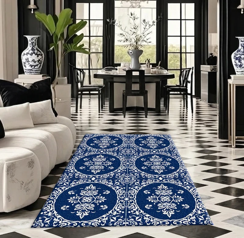 Dark Blue and White Mediterranean Tile Carpet with Classic and Elegant Floral Pattern Tile Print Square Carpet Suitable for Entrance Decoration