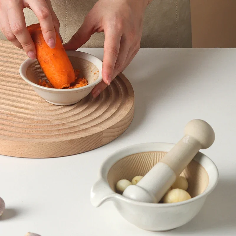Multifunctional Ceramic Grinding Bowl Set with Rods Durable Manual Garlic Mortar Pestle Pedestal Rice Paste Bowl for Kitchen